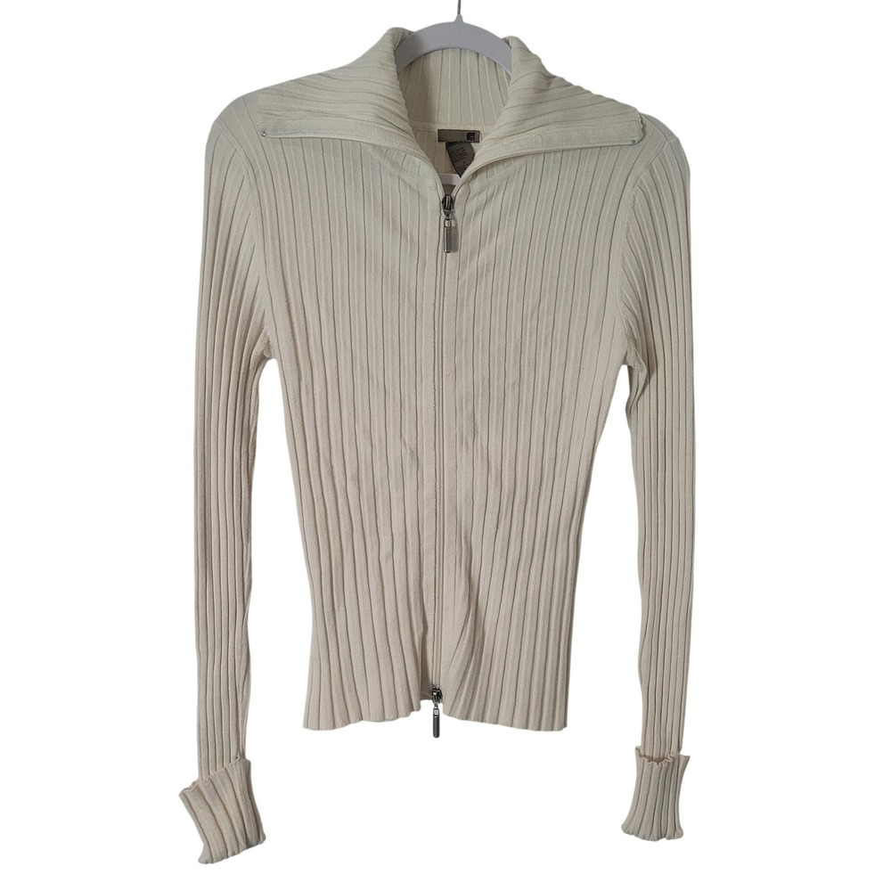 Y2K Womens Cream Ribbed Two Way Zip Mock Neck Cardigan Sweater Size Large Preppy